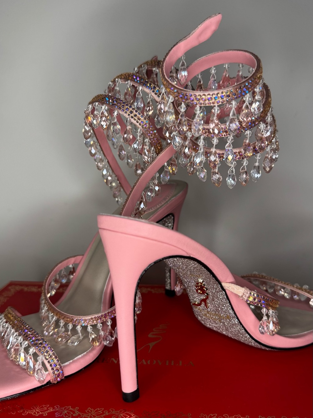 Rene Caovilla Pink Crystal Drop Spiral Ankle Stilettos - Picture 4 of 7